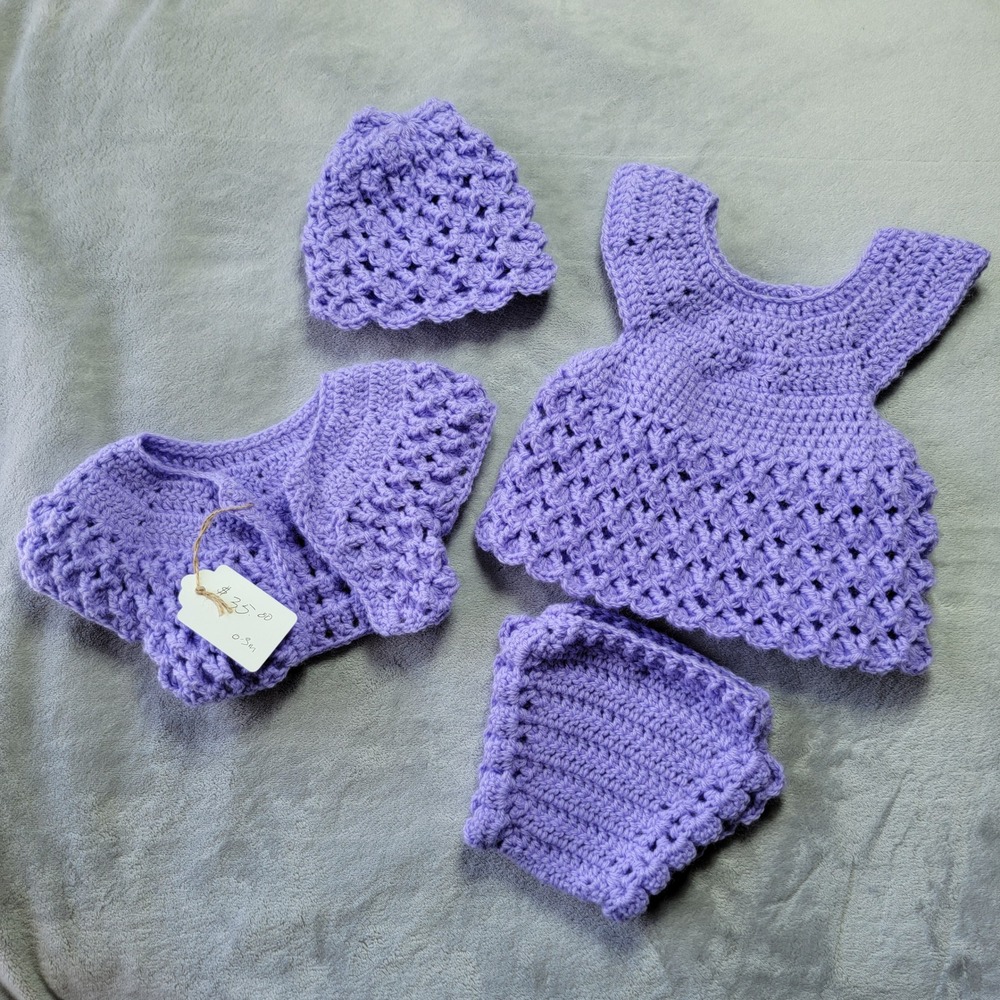 Handmade Purple Crochet Baby Girl 4pc Set Dress Cardigan Hat Diaper Cover 0-3M